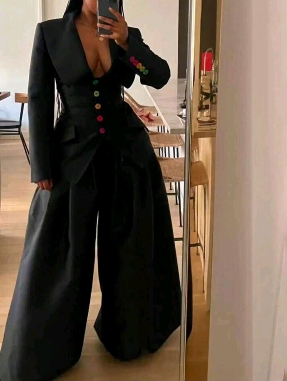 Black Wide-Leg High-Waist Trousers with Colorful Button Detail Top